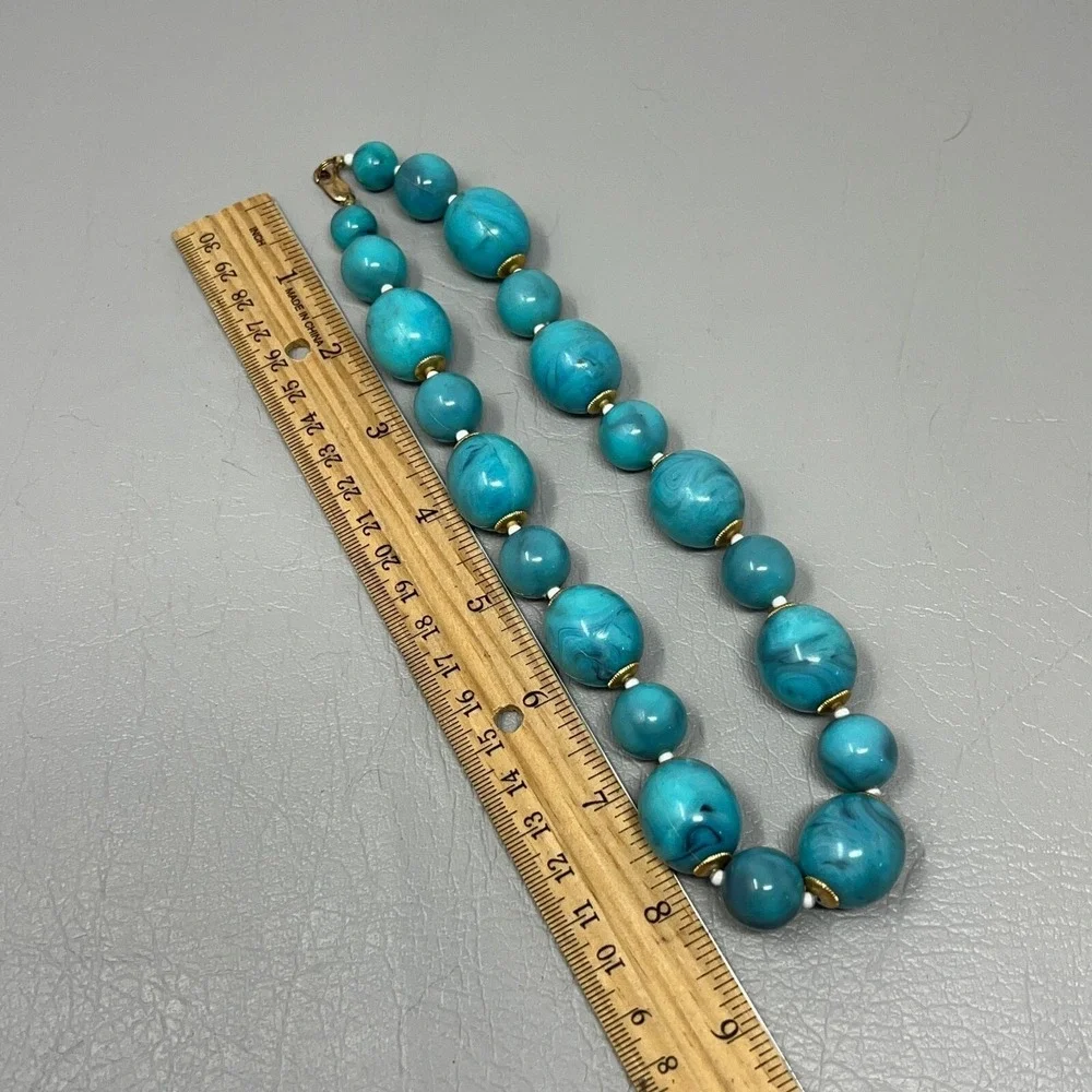 Vintage‎ Blue Marbled Bead Necklace Gold Tone Caps and Clasp